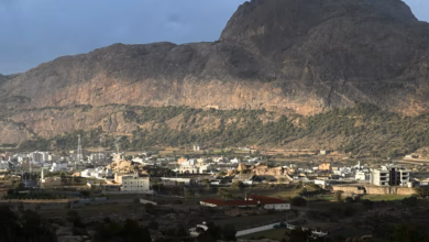 Abha mountain landscape with misty green valleys, winding Saudi highways, and rolling highland scenery under a cool, overcast