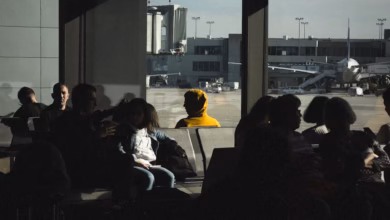 Modern airport terminal with wide glass walls, departure gates, and travel signage, illustrating a stress-free flight layover