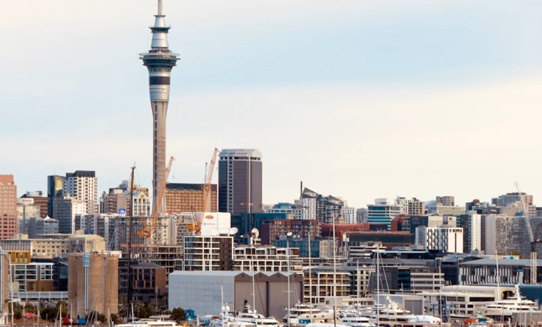 Auckland harbor skyline with ferries, yachts, and sparkling waterfront views beneath the city’s modern buildings and blue sky