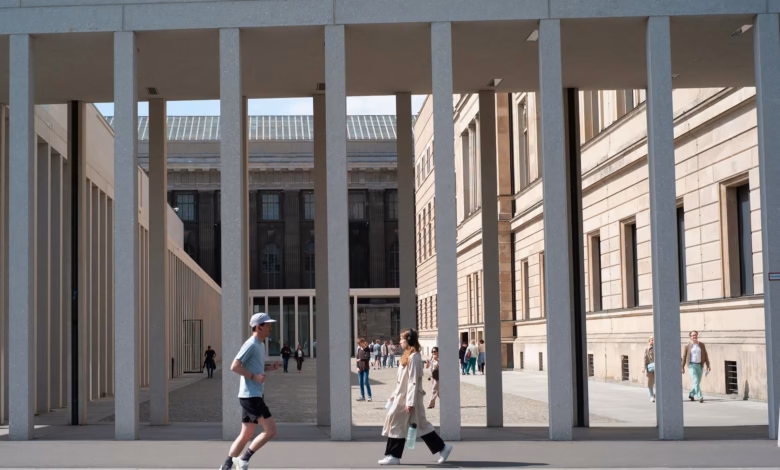 Modern glass and stone Berlin art museum exterior, a striking city landmark of contemporary gallery architecture in Germany