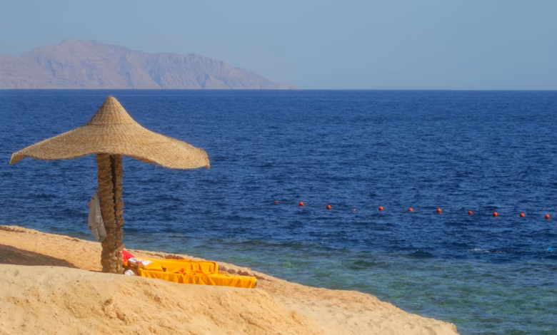 Sharm El Sheikh Red Sea beach with a luxury family resort exterior, blue sea, palm-lined shoreline, and the Sinai mountains i