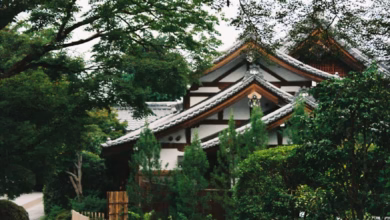 A tranquil Japanese garden with a pond, manicured trees, stone lanterns, and a wooden bridge, showcasing the beauty of Japan