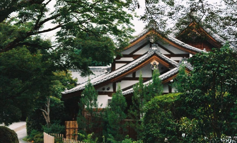 A tranquil Japanese garden with a pond, manicured trees, stone lanterns, and a wooden bridge, showcasing the beauty of Japan