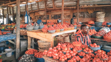 Colorful local market stalls with handmade crafts, regional goods, and hanging lanterns in a vibrant open-air shopping street