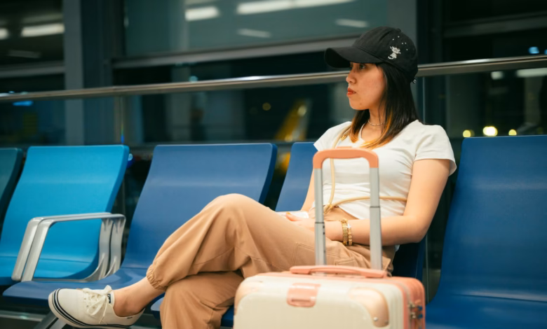 Modern airport terminal interior with spacious seating, large windows, polished floors, and departure gates, illustrating a c