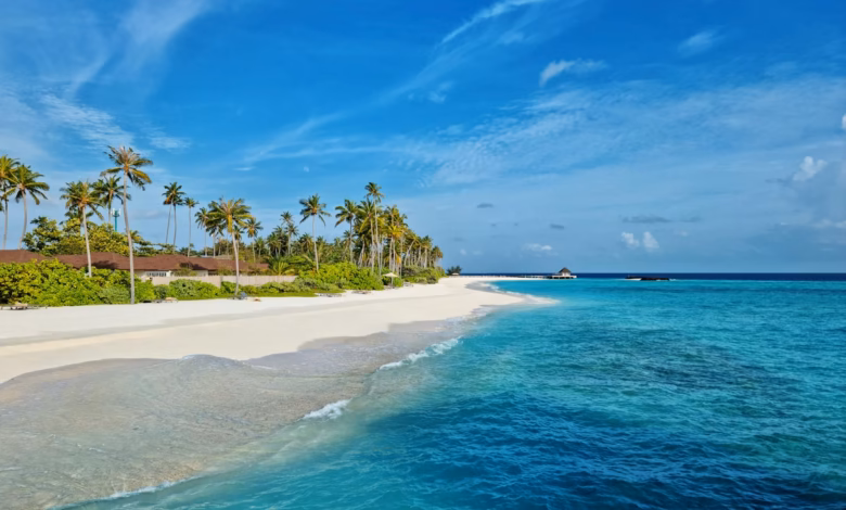 Turquoise water and white sand beach on a tropical Maldives island resort, with palm trees and a शांत shoreline.