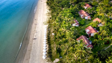 Ocean view resort overlooking a calm tropical beach with turquoise water, palm trees, and a scenic coastal horizon