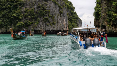 Turquoise bay with limestone cliffs and tropical islands in Phuket, Thailand
