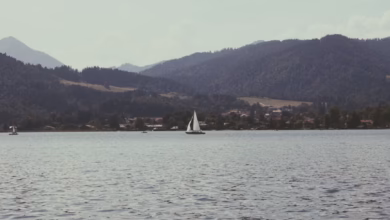 Serene mountain lake with calm water, forested shoreline, and distant peaks for a peaceful lake vacation.