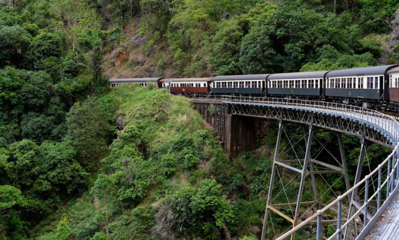 A scenic mountain railway curving through lush alpine landscape with towering peaks, green valleys, and dramatic vistas.