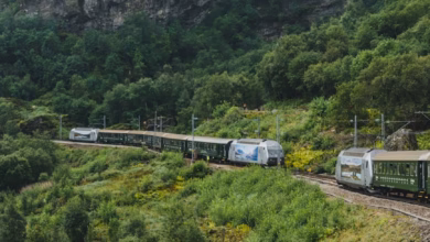 Panoramic view of a Norway fjord train route winding through mountain valleys, with a scenic railway crossing rugged Nordic l