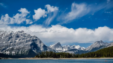 Canadian Rockies summer landscape with turquoise alpine lake, towering peaks, and evergreen forests under a clear blue sky