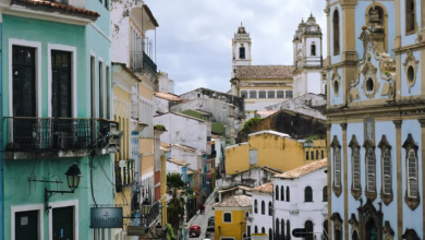 Colorful colonial architecture and a vibrant city skyline in Brazil, showcasing historic cultural landmarks and South America