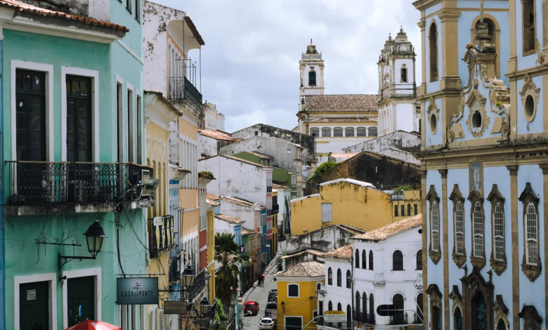 Colorful colonial architecture and a vibrant city skyline in Brazil, showcasing historic cultural landmarks and South America