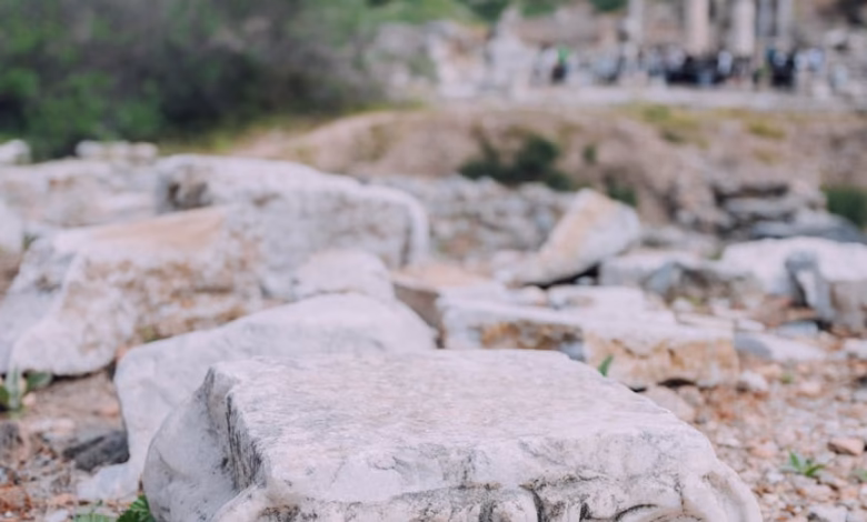 Ancient marble street and stone columns at the Ephesus ancient ruins in Turkey, showcasing Roman architecture and archaeologi
