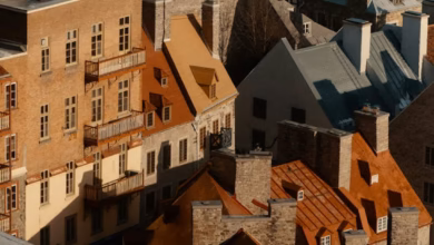 Snow-covered Quebec City old town with French architecture, historic streets, and a winter cityscape in Canada.