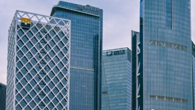 Shenzhen skyline with futuristic high-rise buildings and illuminated technology district architecture in China at dusk