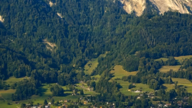 Switzerland lake landscape with clear water reflecting alpine mountains and scenic nature view