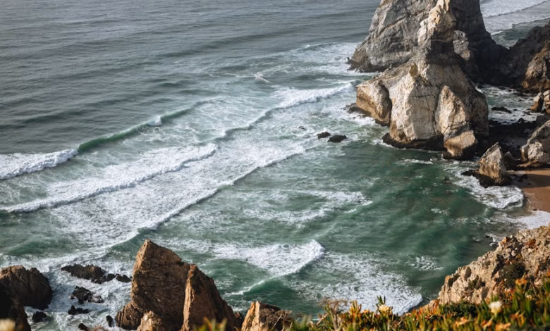 Golden cliffs and turquoise Atlantic waters along the Portugal coast with a sandy beach and rugged coastal rock formations.