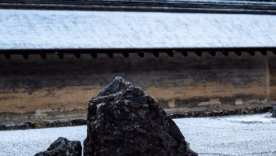 A tranquil Kyoto Zen garden with raked gravel, carefully placed stones, moss, and a traditional Japanese temple backdrop in a