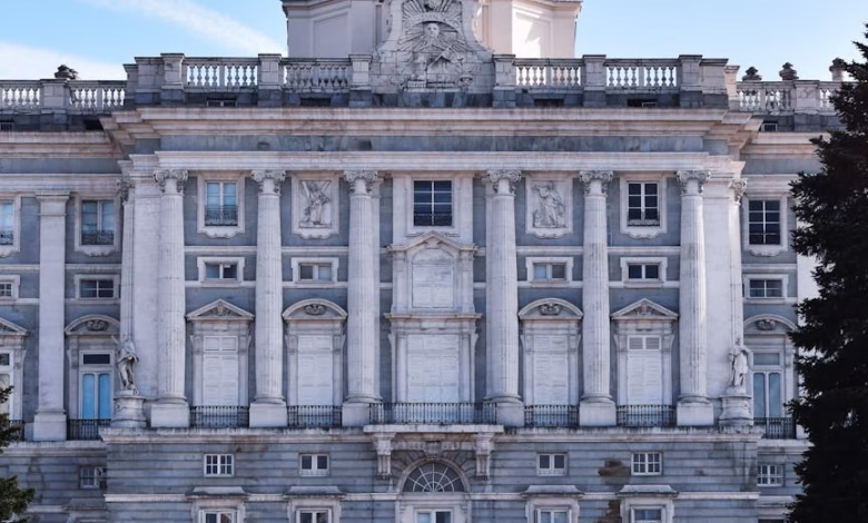 Madrid Royal Palace exterior with grand Spanish historic architecture and landscaped palace gardens in Madrid, a cultural lan