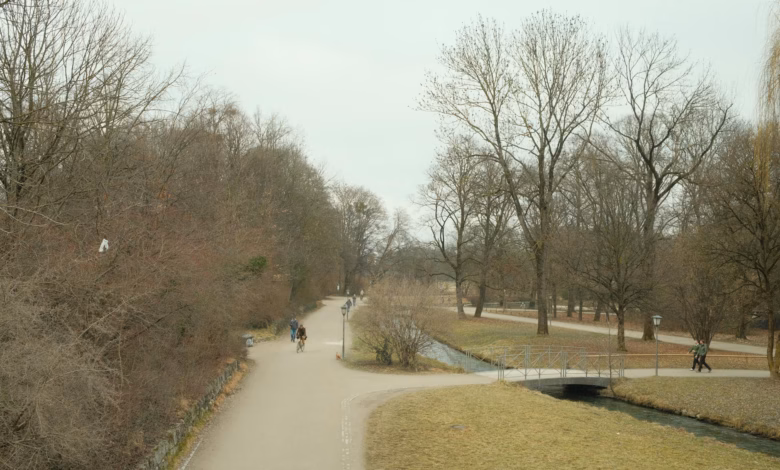 Peaceful Munich park landscape with lush green walking paths, leafy trees, and tranquil Germany city gardens.