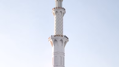 Sheikh Zayed Mosque architecture in Abu Dhabi, a grand white marble mosque with Islamic design, domes, minarets, and reflecti