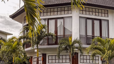Tropical villa exterior at a Bali luxury spa resort surrounded by a lush palm garden and serene wellness retreat landscape